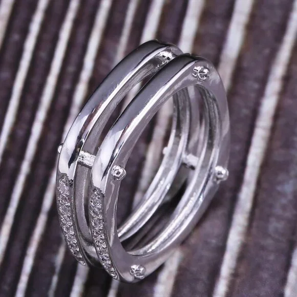 ▶Square Glitter Zircon Double Layer Silver Plated Ring for Men, L187